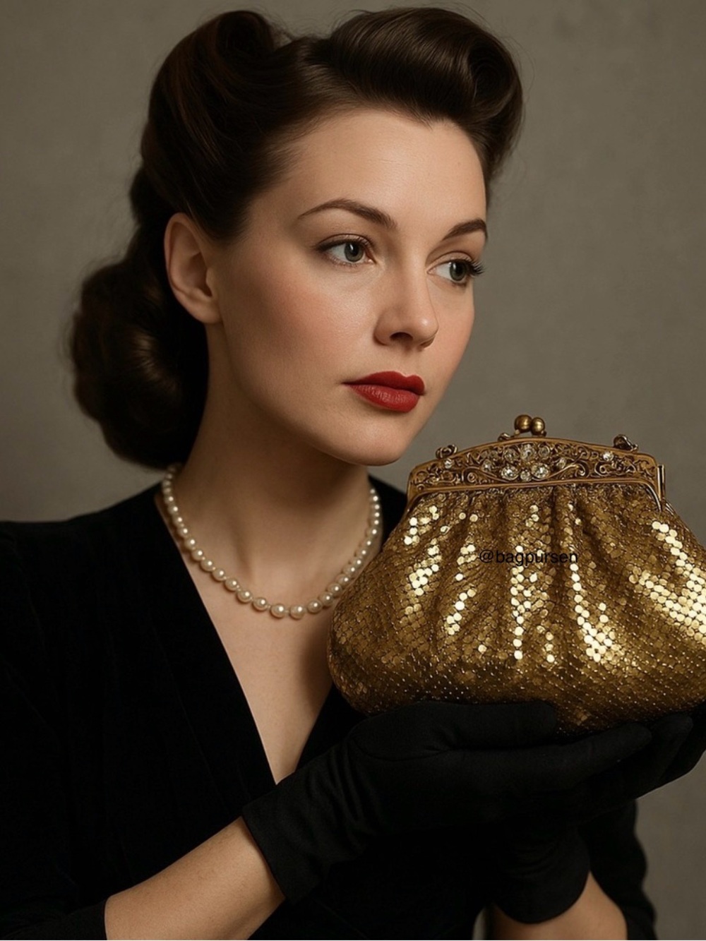 Vintage Whiting & Davis Gold Metal Mesh Rhinestone Kisslock Clutch 1940s/1950s